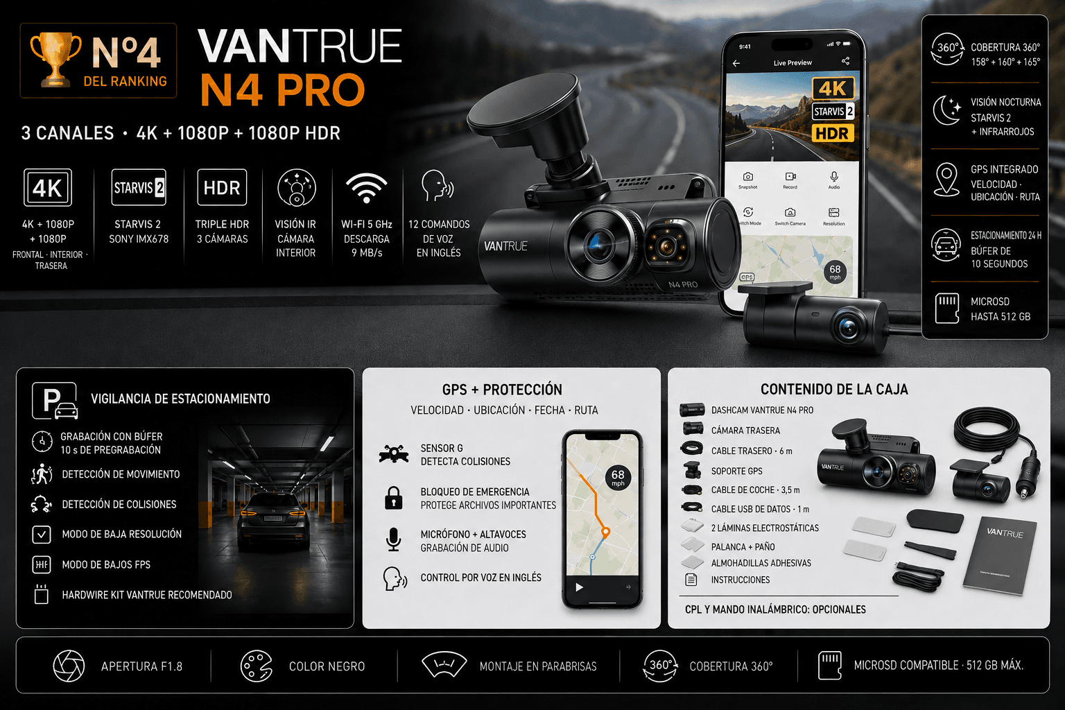Vantrue N4 Pro (3 canales) 4K - producto del ranking de mejores dashcams 2026