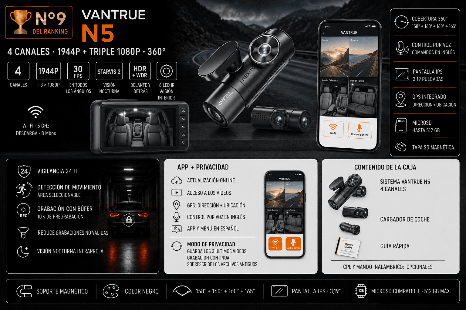 Vantrue N5 (4 canales) 2,7K - producto del ranking de mejores dashcams 2026