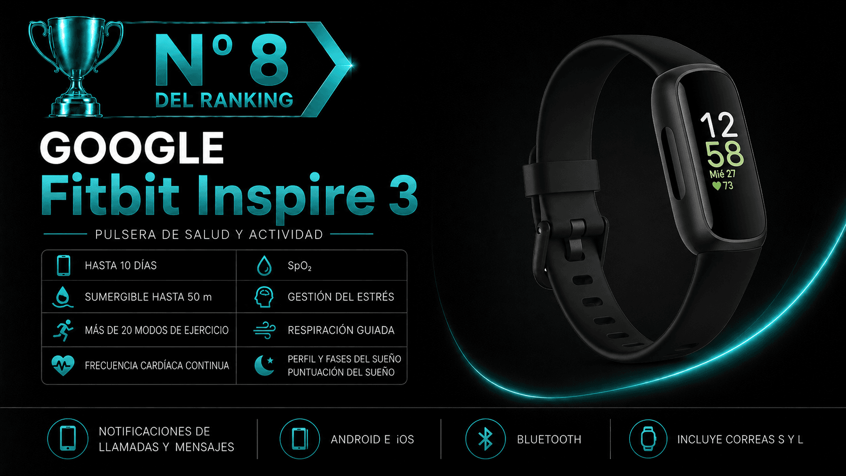 Fitbit Inspire 3 compacta para actividad diaria y seguimiento del sueño