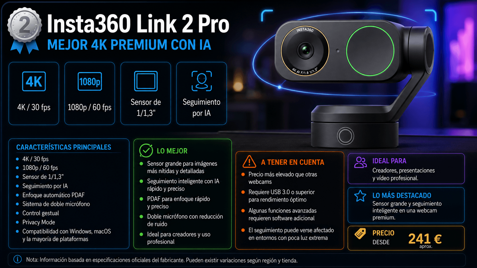 Insta360 Link 2 Pro, webcam 4K premium con IA del ranking Rankiko 2026