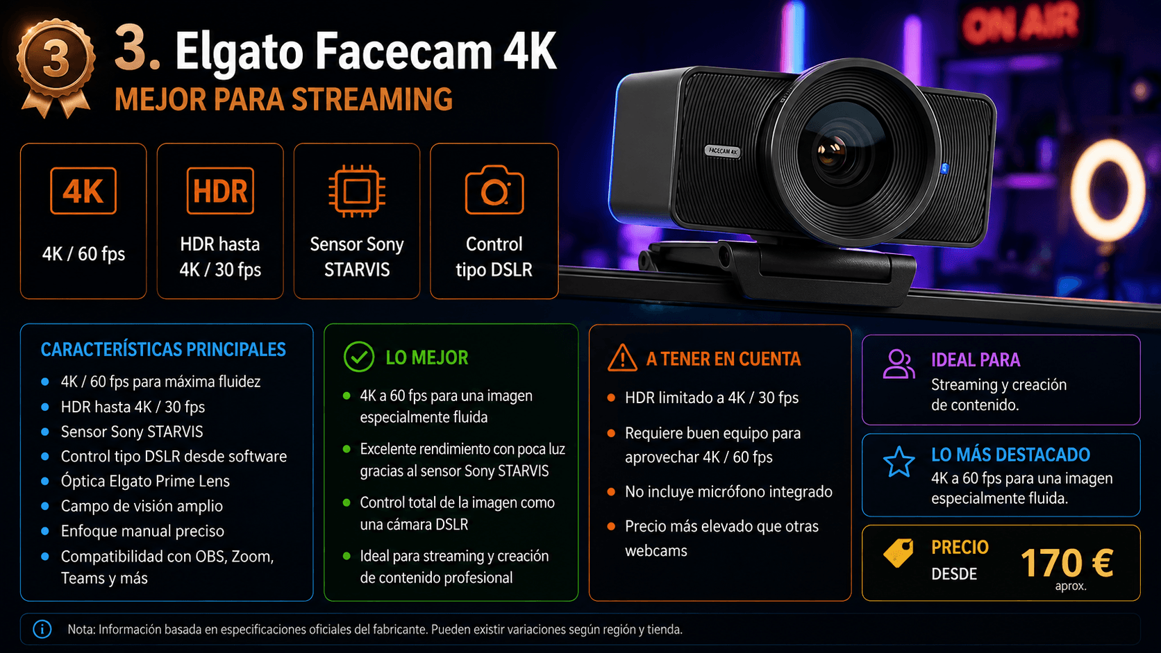 Elgato Facecam 4K, webcam recomendada para streaming en 2026
