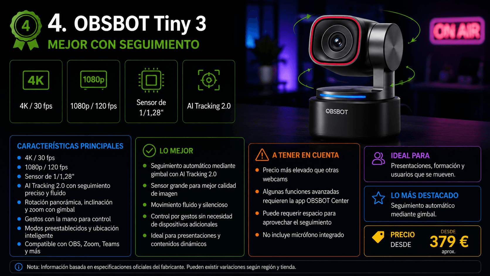OBSBOT Tiny 3, webcam con seguimiento mediante IA