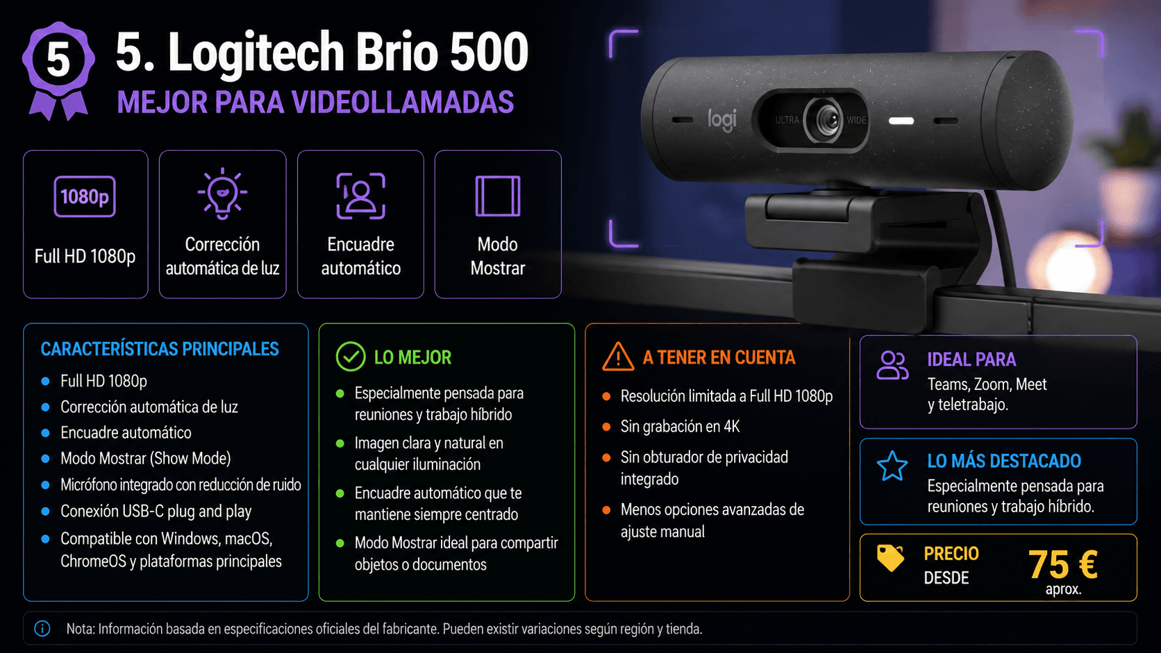 Logitech Brio 500, webcam recomendada para videollamadas y teletrabajo