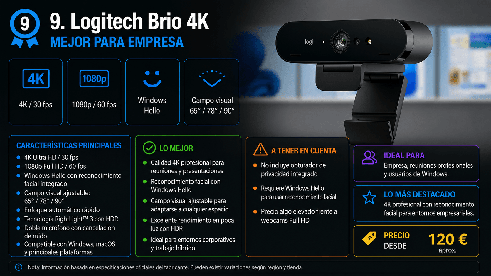 Logitech Brio 4K, webcam profesional para empresa y reuniones