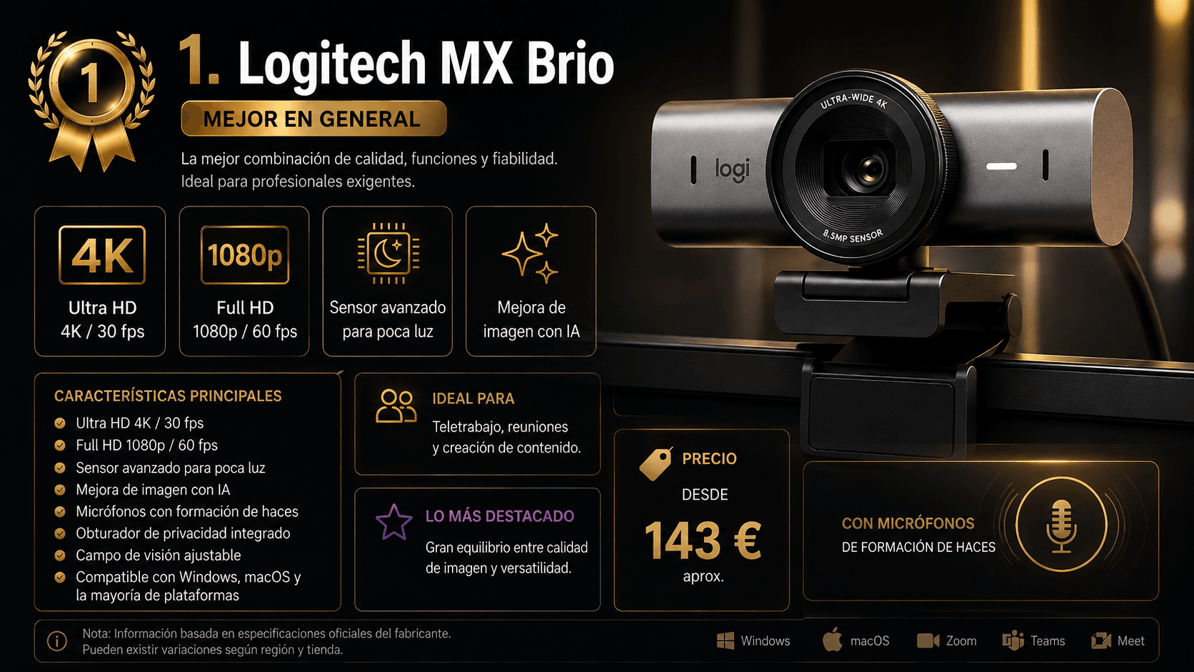 Logitech MX Brio, mejor webcam de 2026 según Rankiko