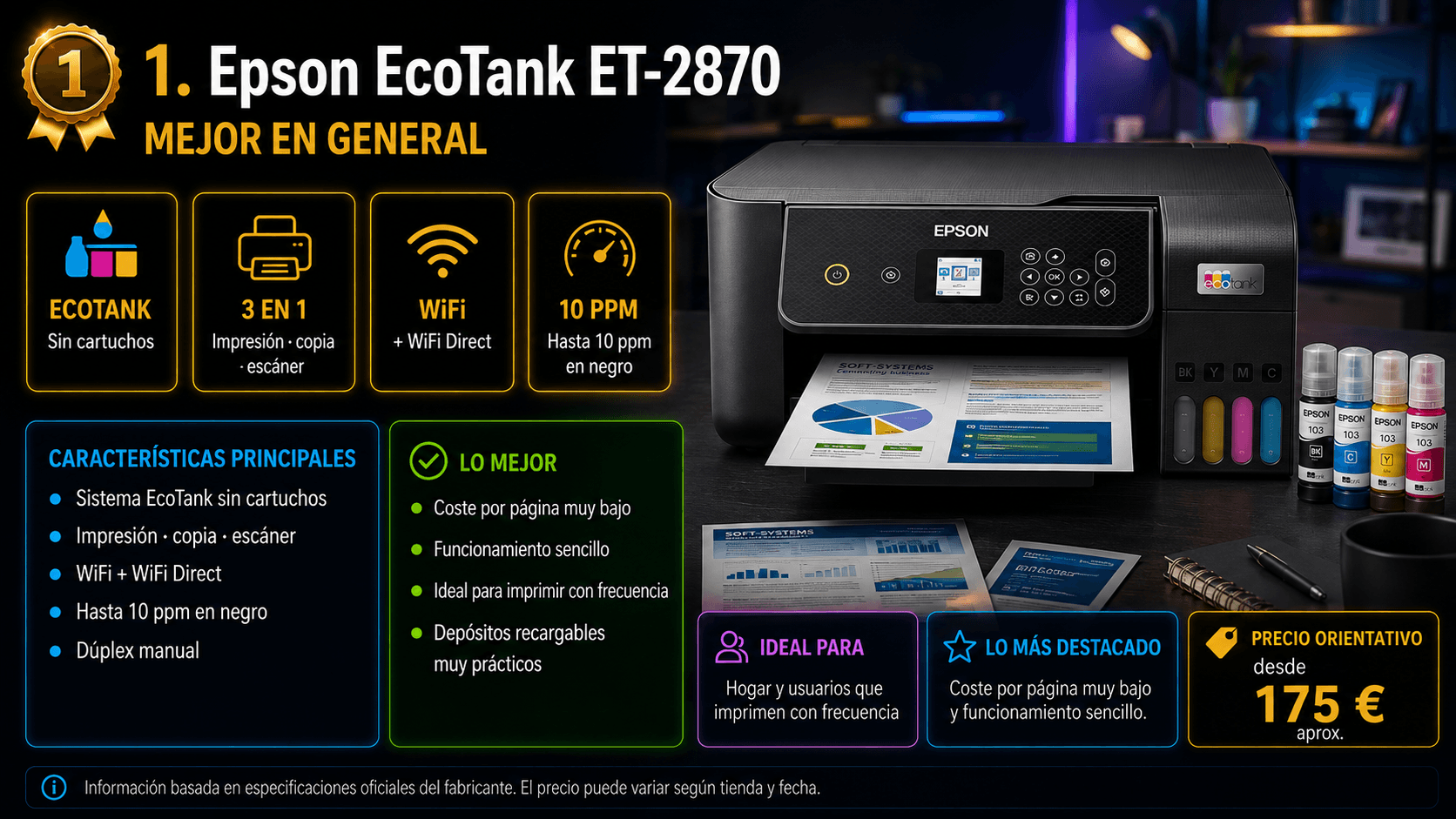 Epson EcoTank ET-2870, mejor impresora multifunción de 2026 según Rankiko