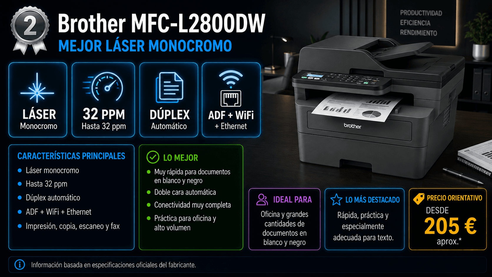 Brother MFC-L2800DW, impresora láser monocromo con ADF y dúplex automático