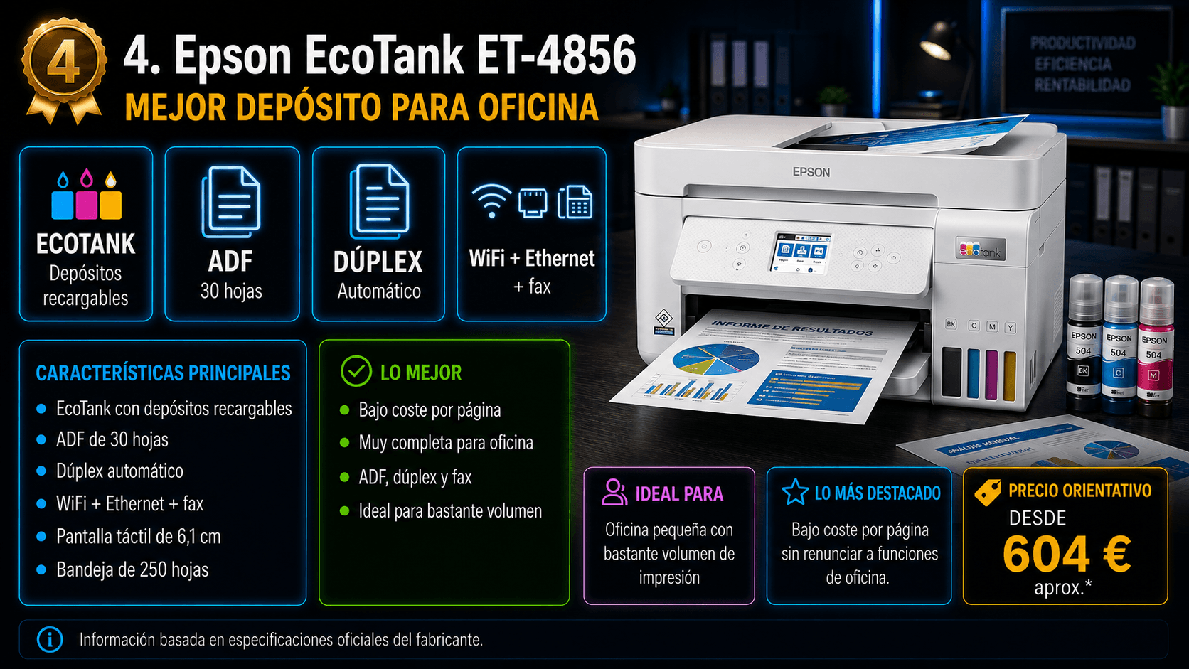 Epson EcoTank ET-4856, impresora multifunción de depósito para oficina