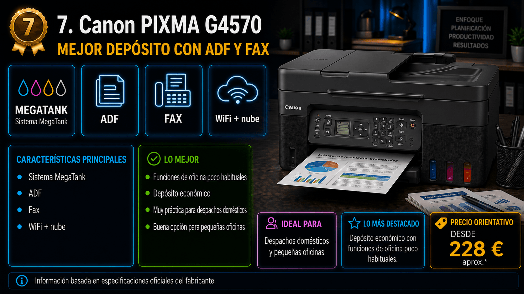 Canon PIXMA G4570, impresora MegaTank con ADF de 35 hojas y fax
