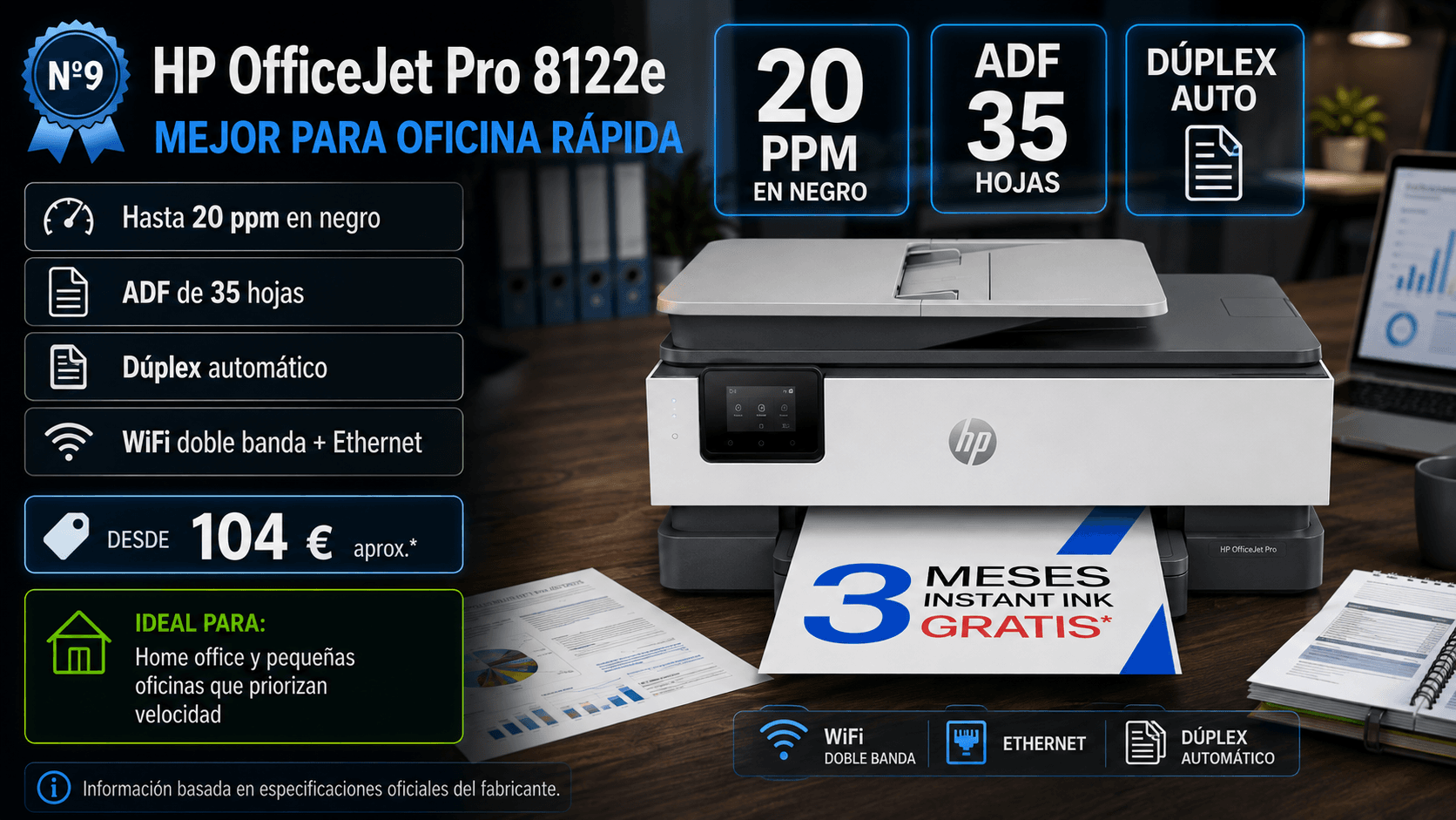 HP OfficeJet Pro 8122e, impresora multifunción para oficina con ADF y doble cara