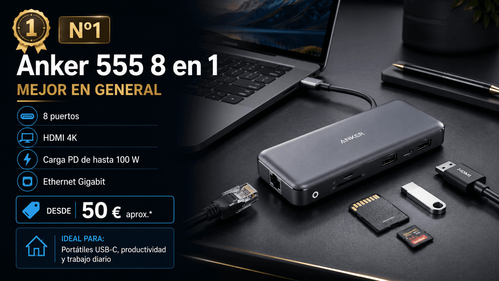 Anker 555 8 en 1, mejor hub USB-C de 2026 según Rankiko