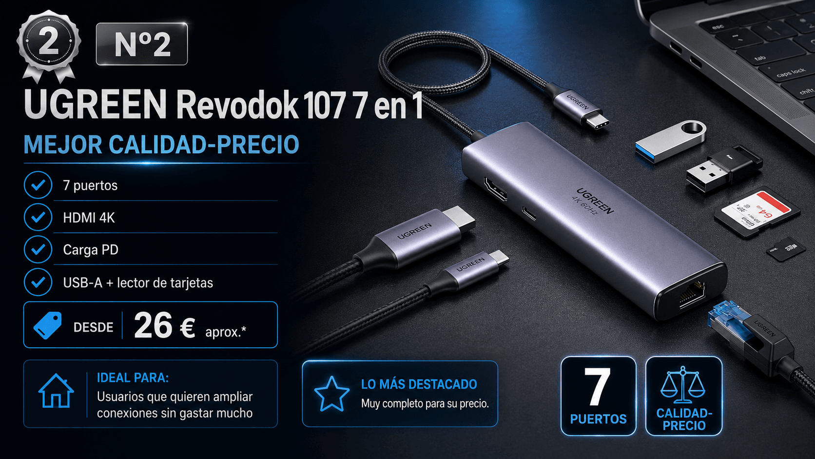 UGREEN Revodok 107 7 en 1, hub USB-C calidad-precio recomendado por Rankiko