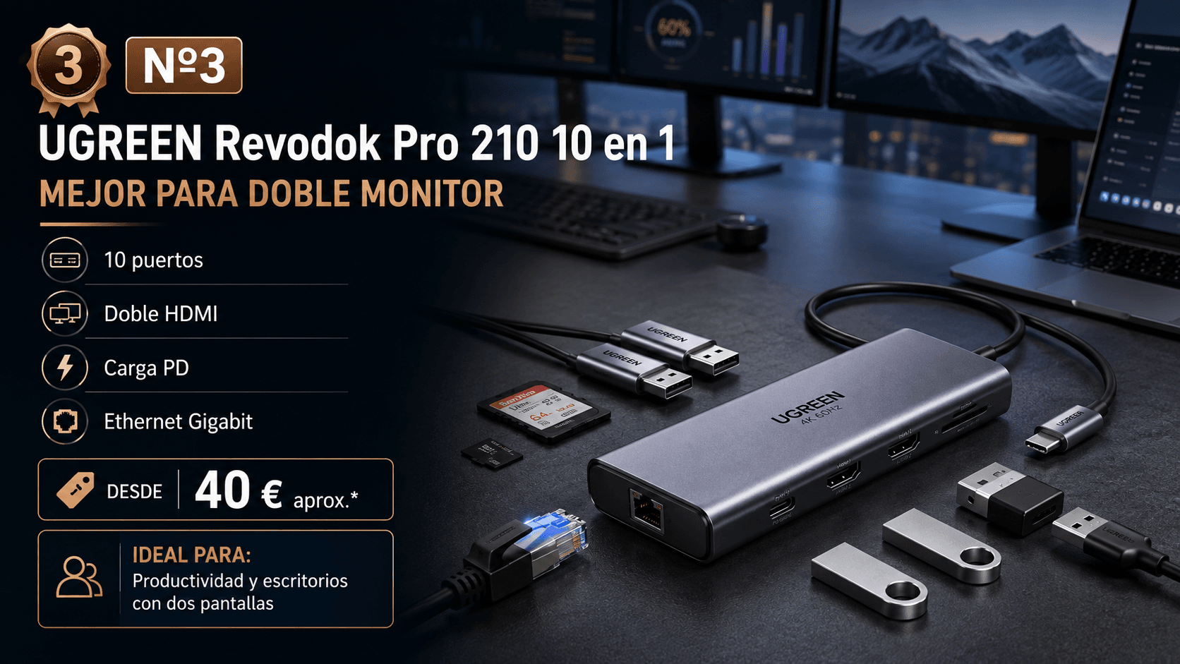 UGREEN Revodok Pro 210 10 en 1, hub USB-C con doble HDMI