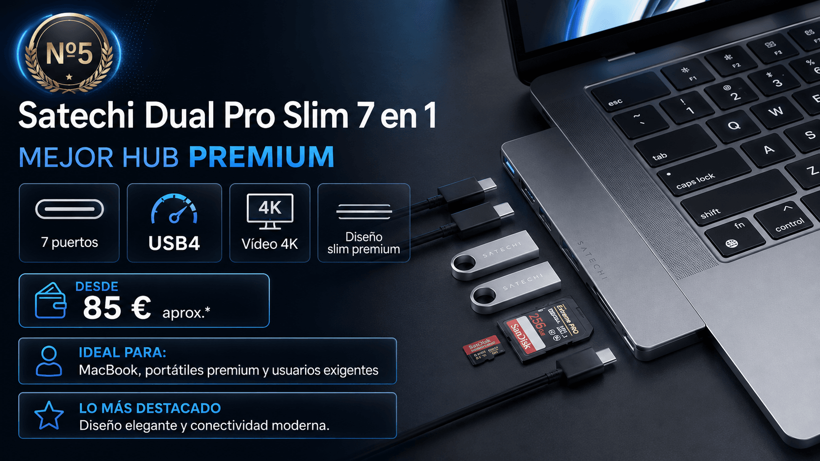 Satechi Dual Pro Slim 7 en 1, hub USB-C premium con diseño slim