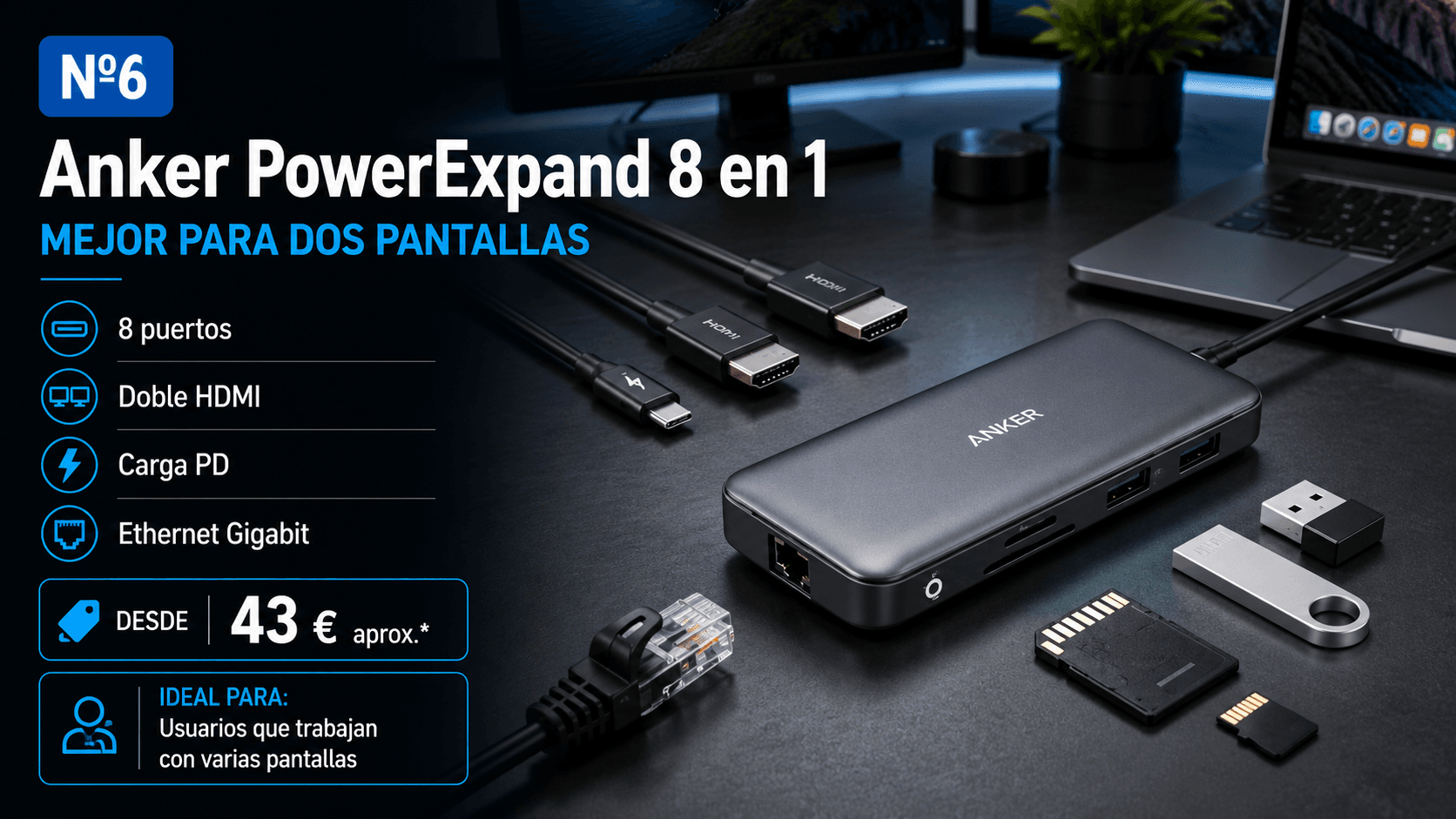 Anker PowerExpand 8 en 1, hub USB-C con doble HDMI para dos pantallas