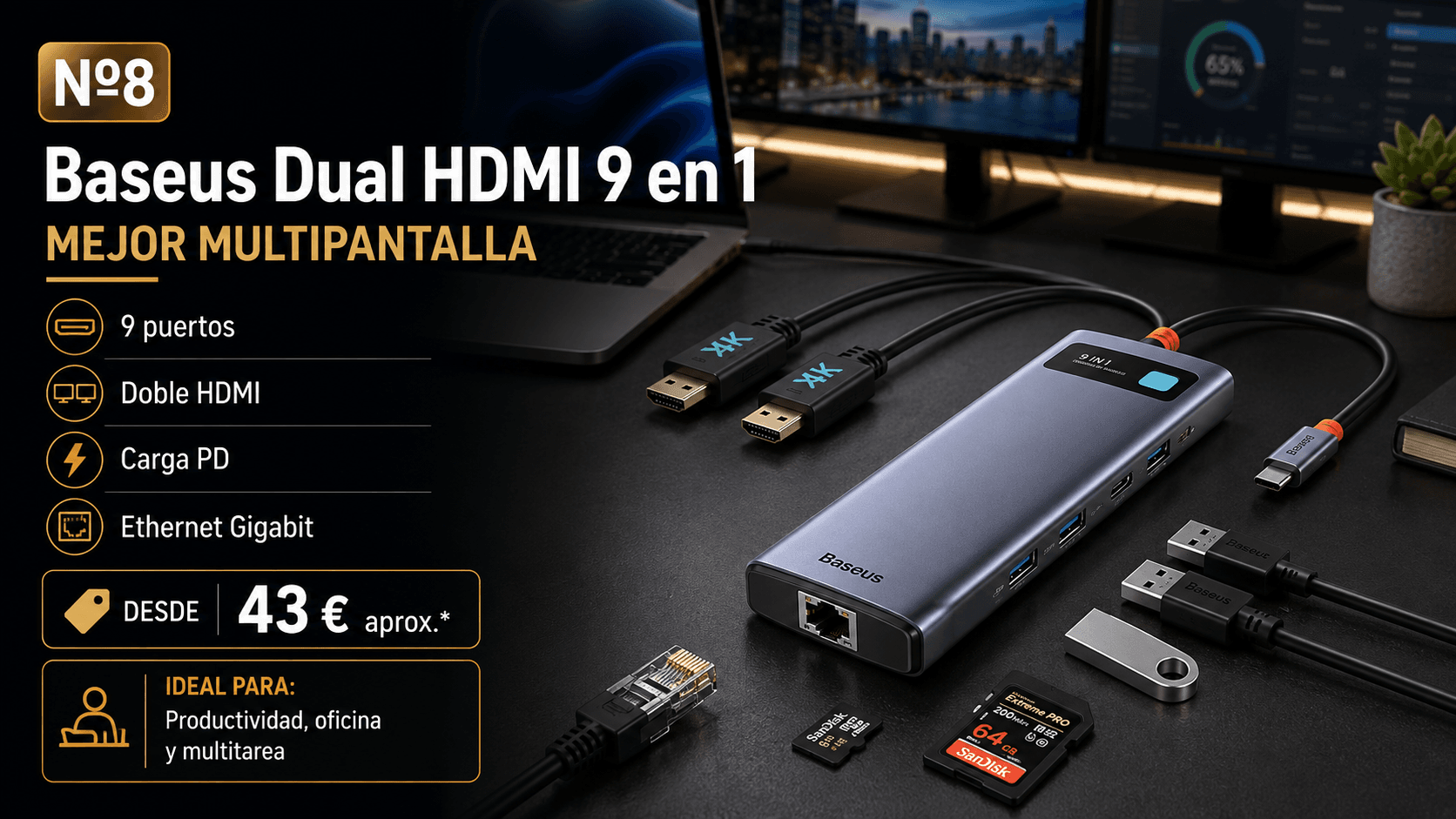 Baseus Dual HDMI 9 en 1, hub USB-C para configuraciones multipantalla
