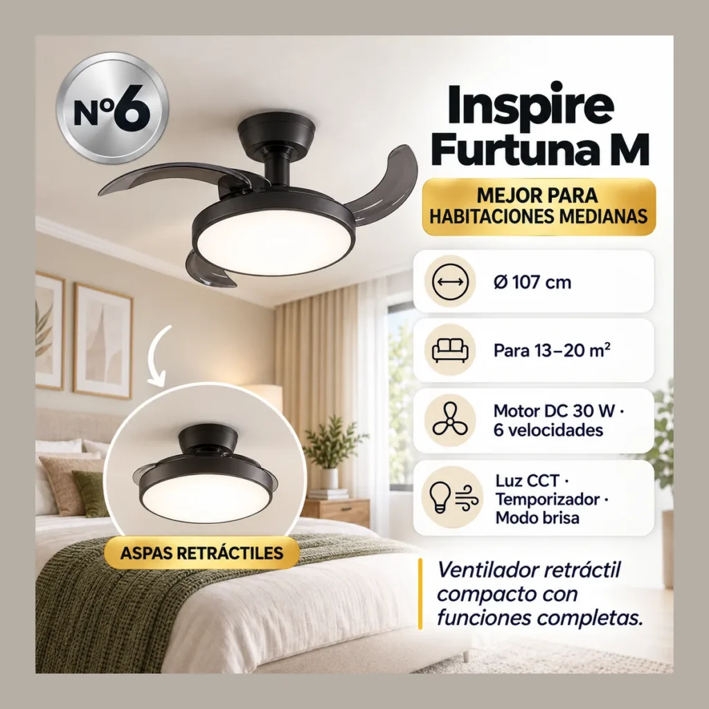 Inspire Furtuna M negro, ventilador de techo retráctil con luz