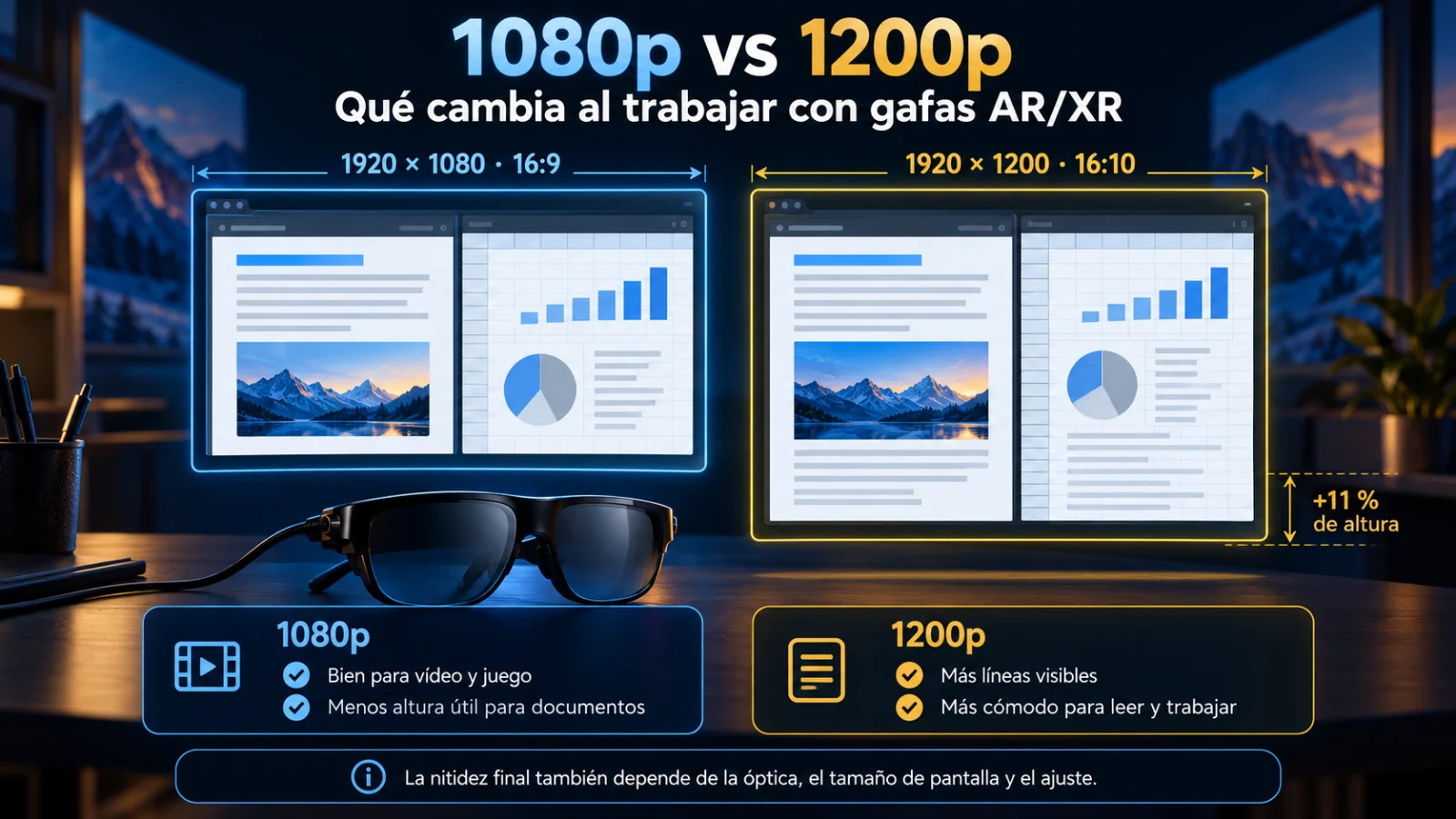 Gafas AR/XR para trabajar: 1080p frente a 1200p con la misma anchura, 1200p muestra un 11 % más de altura