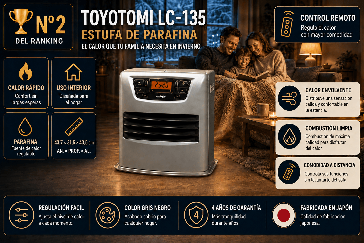Estufa de parafina Zibro Toyotomi LC-135, electrónica de 3,5 kW y muy silenciosa para estancias grandes