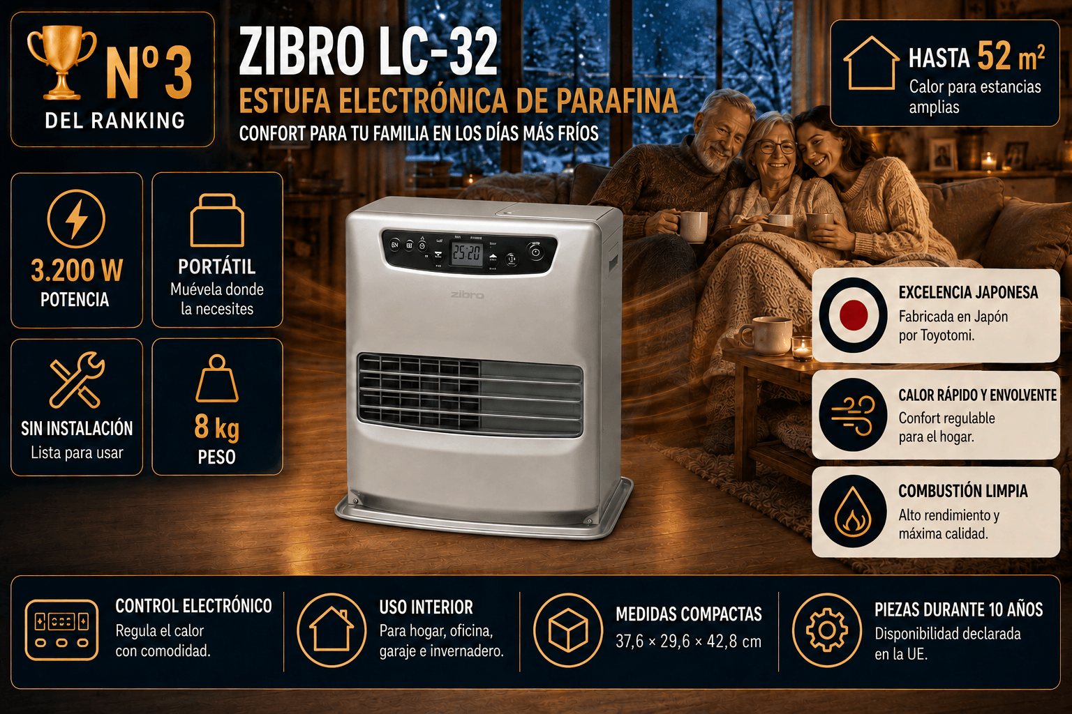 Estufa de parafina Zibro LC-32, electrónica de 3,2 kW — mejor relación calidad-precio