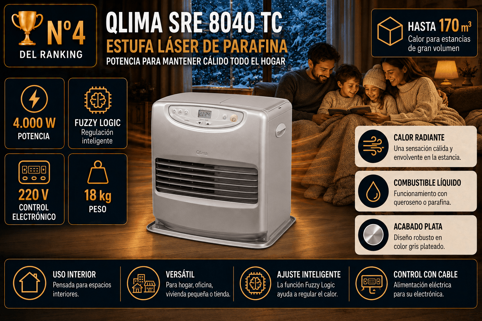 Estufa de parafina Qlima SRE 8040 TC, electrónica de 4 kW con sensor de CO₂ para salones grandes