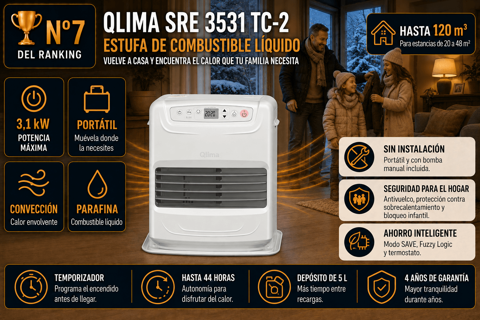 Estufa de parafina Qlima SRE 3531 TC-2, electrónica de unos 3,4 kW con temporizador y modo ahorro