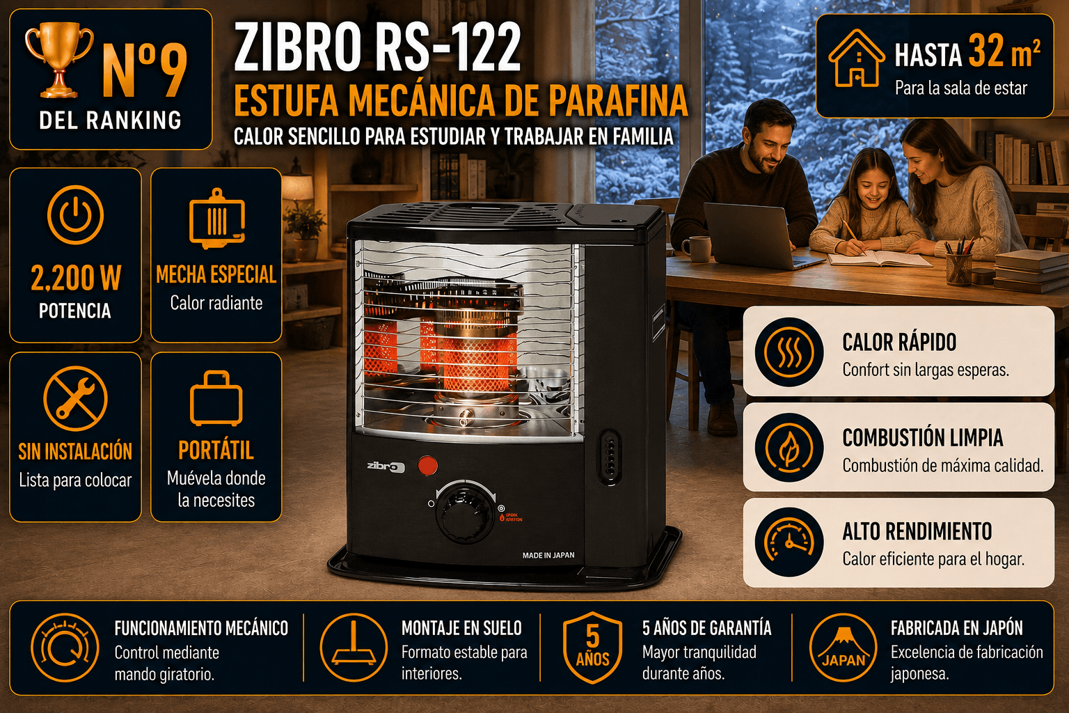 Estufa de parafina de mecha Zibro RS-122, compacta de 2,2 kW y sin electricidad