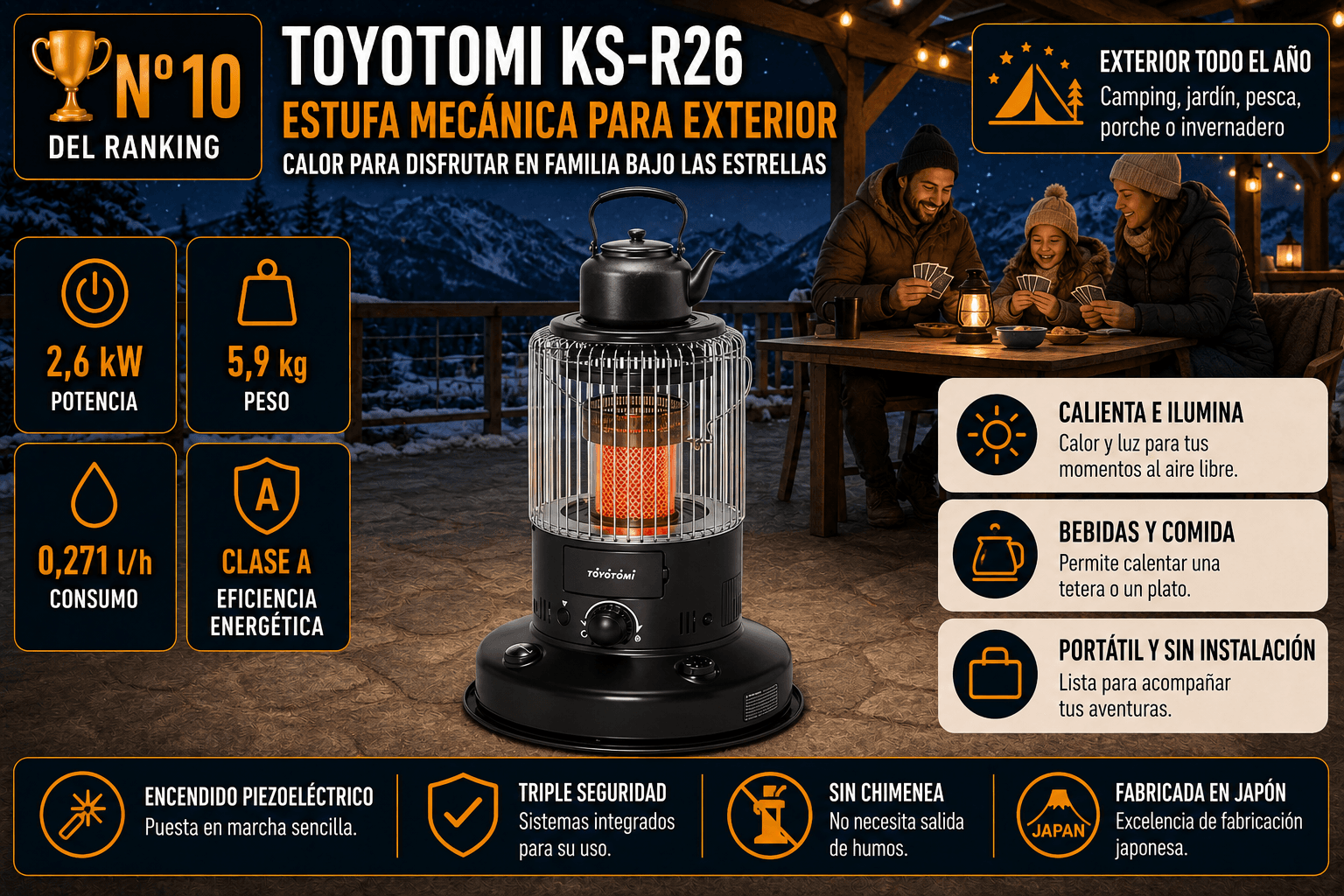 Estufa de parafina de mecha Toyotomi KS-R26, portátil de 2,6 kW para interior y exterior