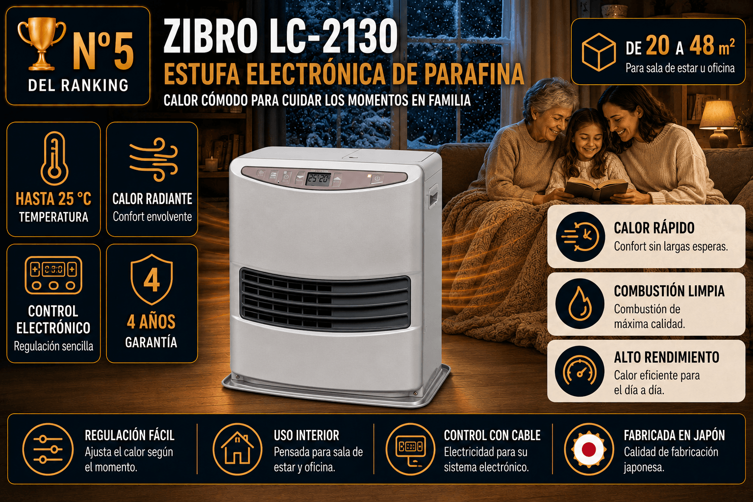 Estufa de parafina Zibro LC-2130, electrónica con Fuzzy Logic y temporizador de 24 h