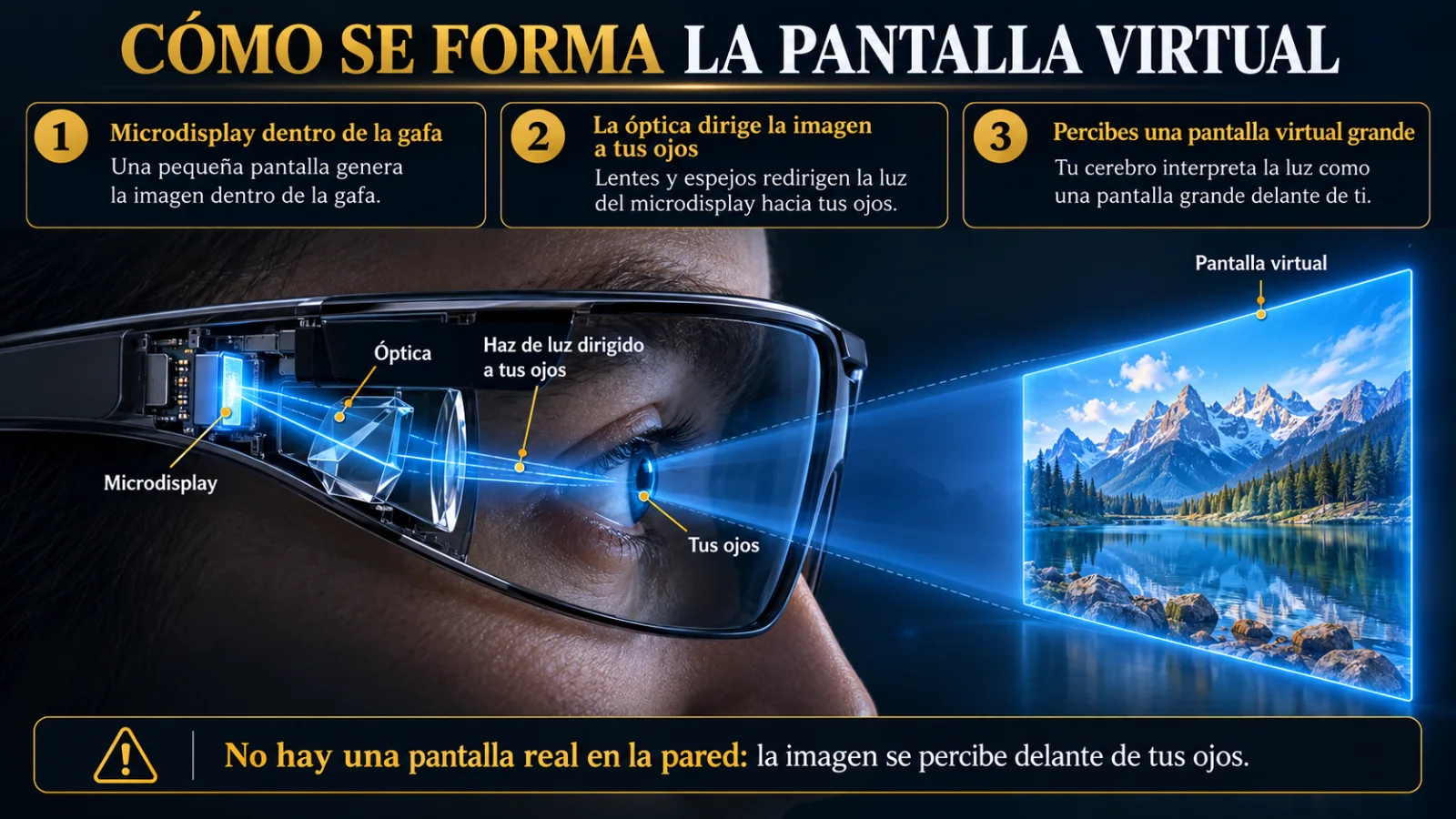 Cómo funcionan las gafas AR/XR: el microdisplay y la óptica dirigen la luz a tus ojos y ves una pantalla virtual