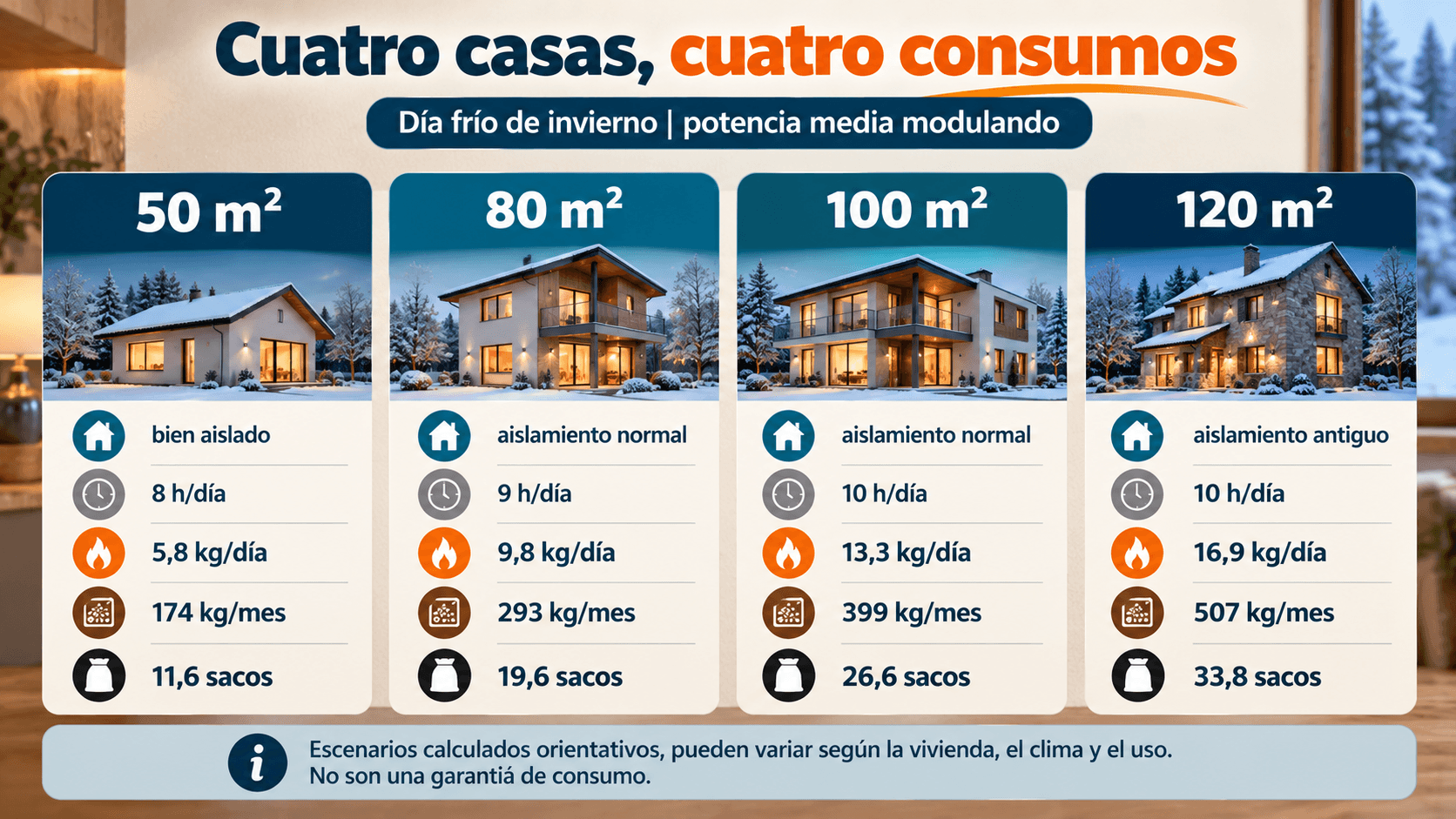 Consumo de pellets en viviendas de 50, 80, 100 y 120 metros cuadrados