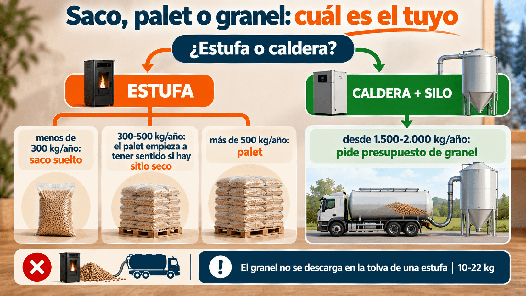 Comparación entre pellet en saco, palet y a granel