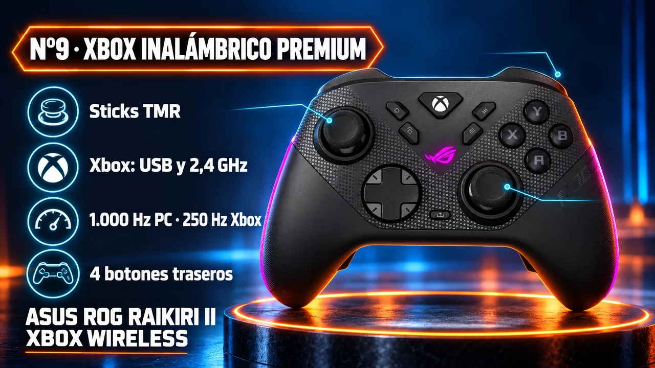 Infografía Nº9 ASUS ROG Raikiri II: sticks TMR, Xbox por USB o 2,4 GHz, 1.000 Hz en PC y 250 Hz en Xbox, cuatro botones traseros