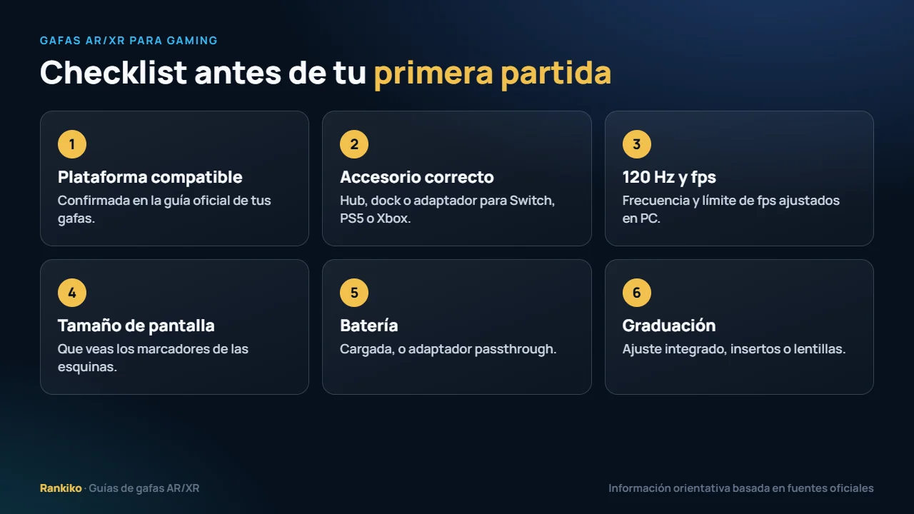 Checklist de gafas AR/XR para gaming: plataforma compatible, accesorio correcto, 120 Hz configurado, tamaño de pantalla, batería y graduación