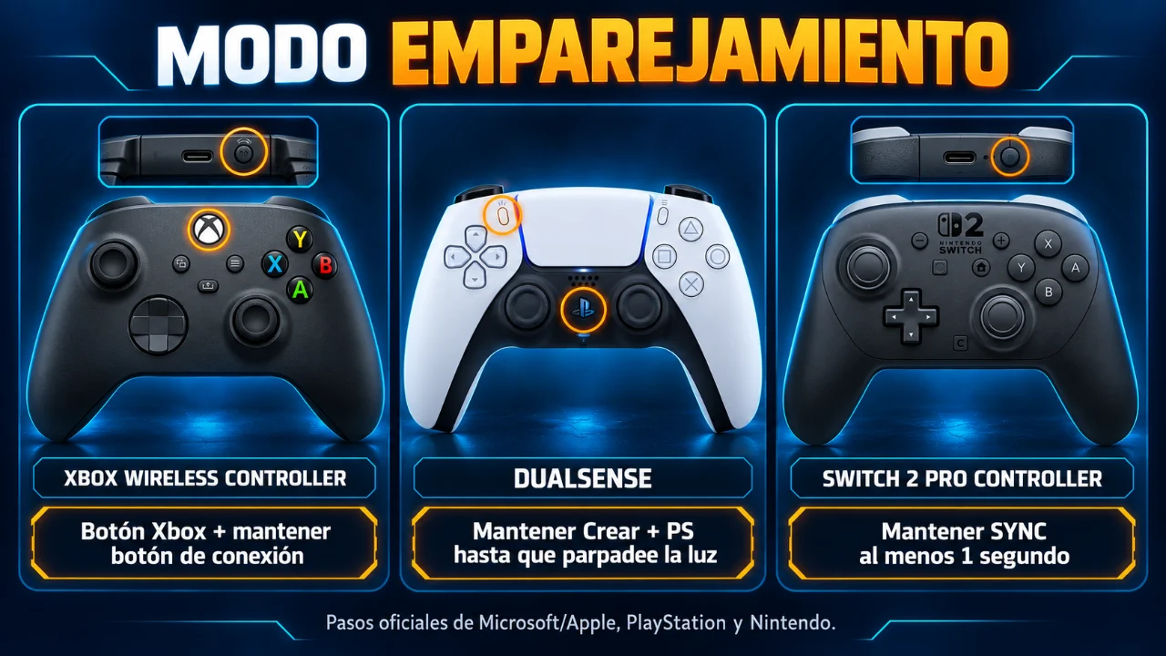Botones para poner en modo emparejamiento el mando de Xbox, el DualSense y el Switch 2 Pro Controller