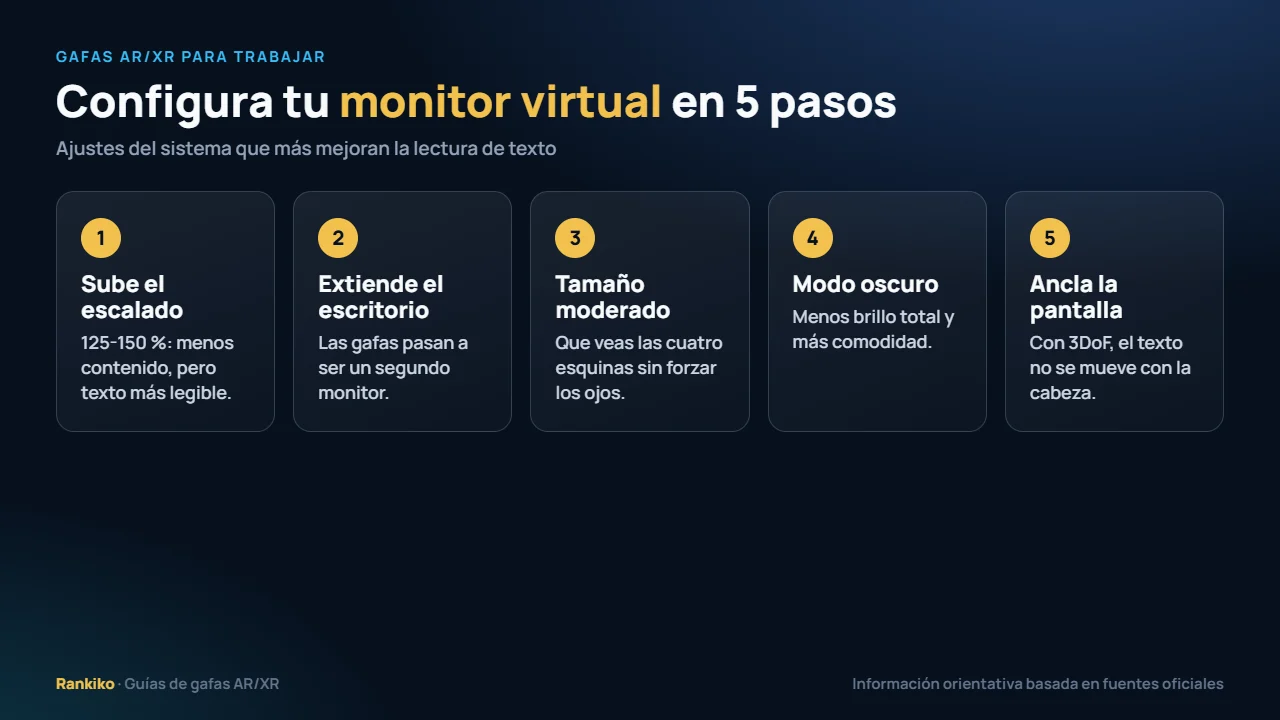 Cómo configurar gafas AR/XR para trabajar: escalado del texto, extender escritorio, pantalla de tamaño moderado, modo oscuro y pantalla anclada