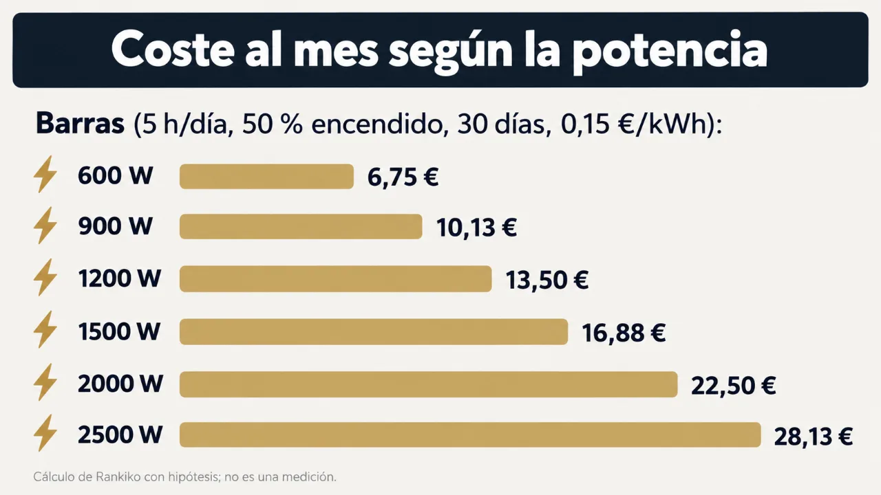 Gráfico del coste mensual de un radiador eléctrico de 600 a 2500 W con 5 horas diarias y la luz a 0,15 euros el kWh