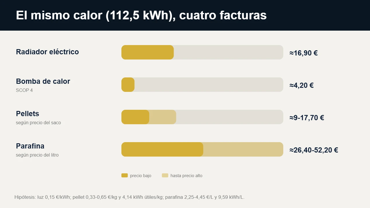 Gráfico del coste mensual del mismo calor con radiador eléctrico, bomba de calor, pellets y parafina