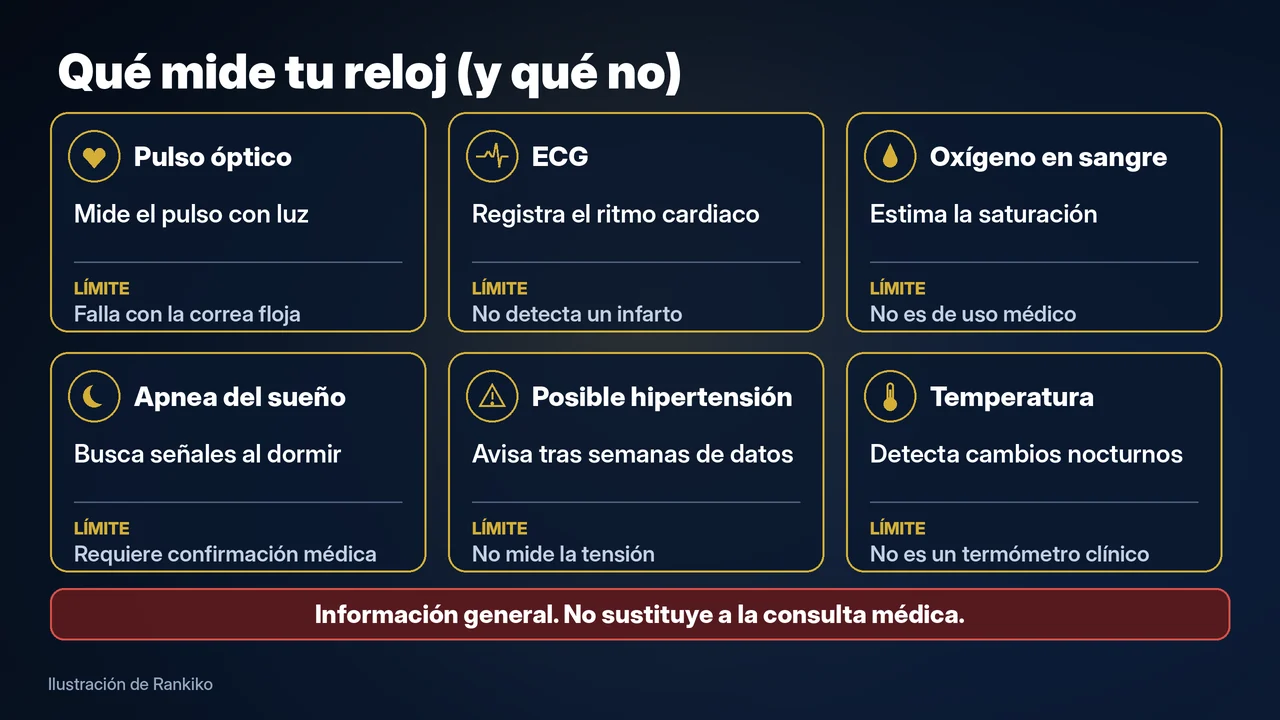 Infografía de Rankiko con seis funciones de salud del smartwatch, qué hace cada una y su principal límite