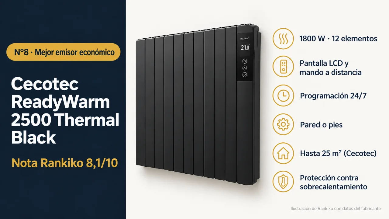 Infografía del Cecotec ReadyWarm 2500 Thermal Black: mejor emisor económico; 1800 W · 12 elementos; Pantalla LCD y mando a distancia; Programación 24/7