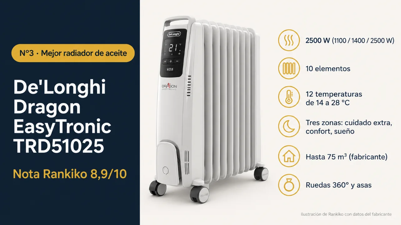 Infografía del De'Longhi Dragon EasyTronic TRD51025: mejor radiador de aceite; 2500 W (1100 / 1400 / 2500 W); 10 elementos; 12 temperaturas de 14 a 28 °C