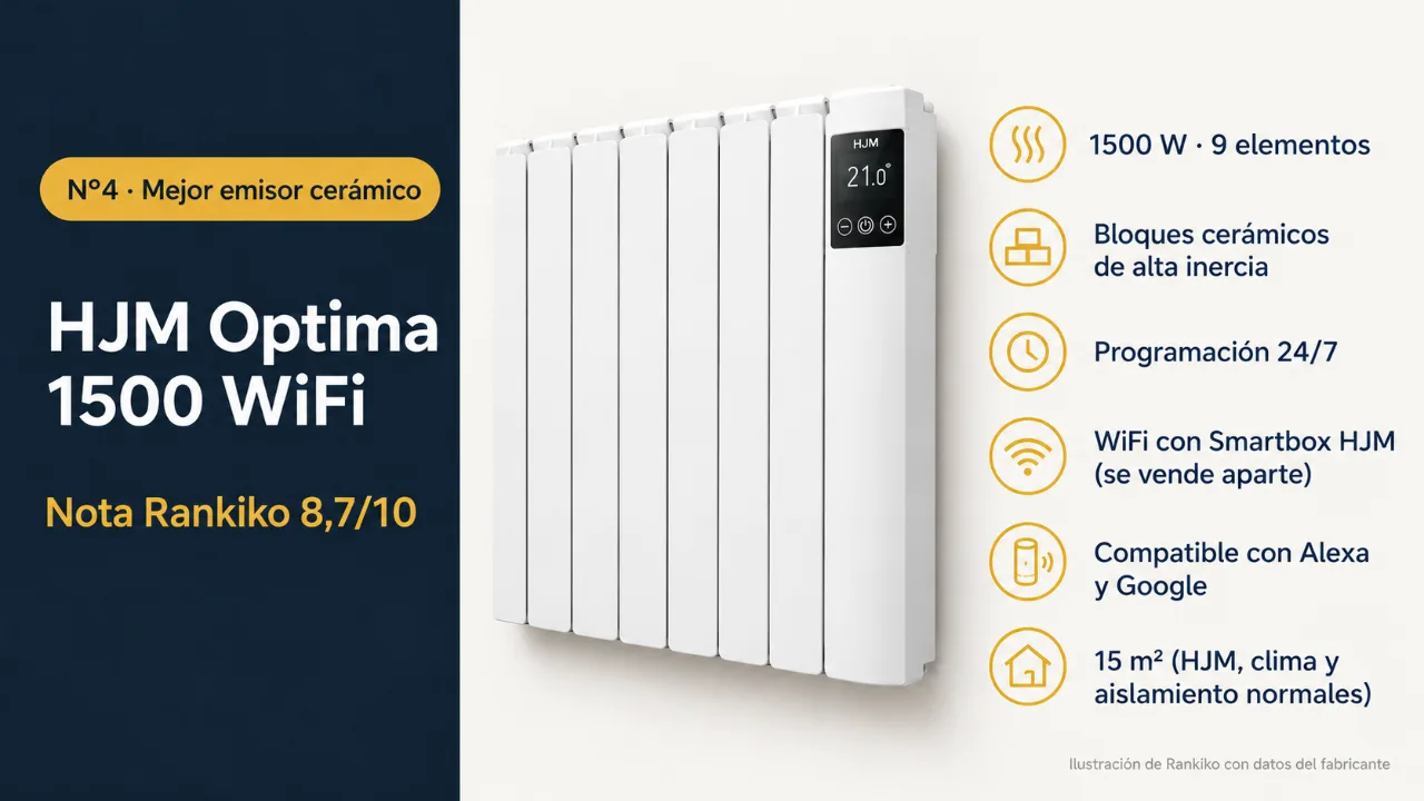 Infografía del HJM Optima 1500 WiFi: mejor emisor cerámico; 1500 W · 9 elementos; Bloques cerámicos de alta inercia; Programación 24/7