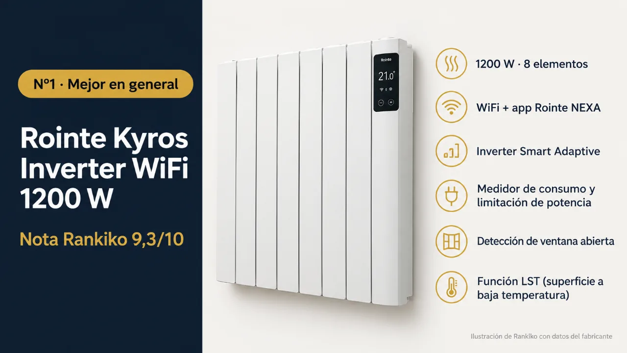 Infografía del Rointe Kyros Inverter WiFi 1200 W: mejor en general; 1200 W · 8 elementos; WiFi + app Rointe NEXA; Inverter Smart Adaptive