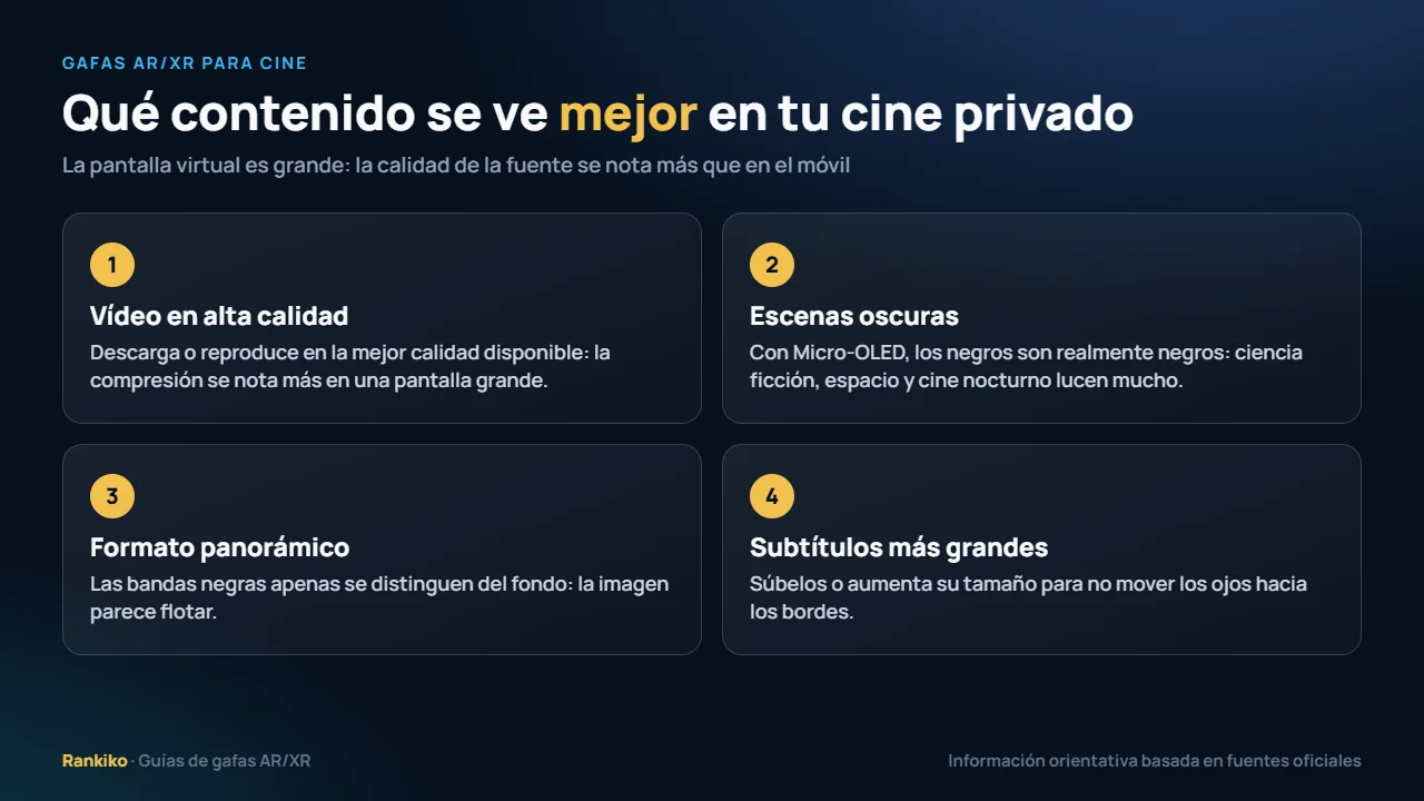Gafas AR/XR para cine: qué contenido se ve mejor, vídeo de alta calidad, escenas oscuras, formato panorámico y subtítulos más grandes