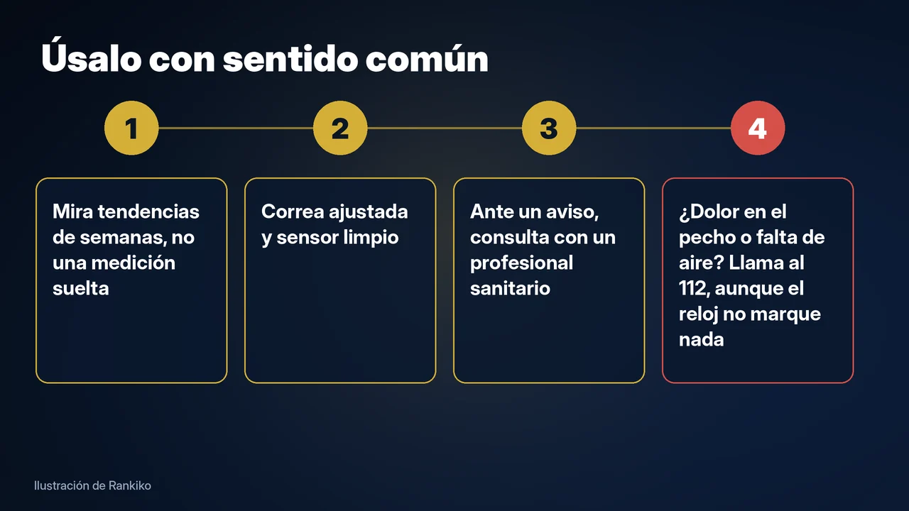 Infografía de Rankiko con cuatro pautas para usar con sentido común los datos de salud del smartwatch