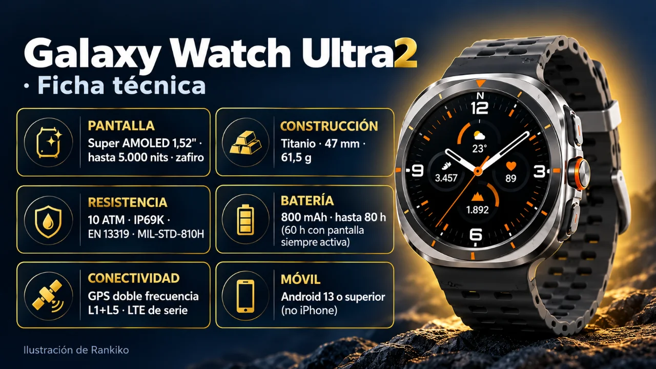 Ficha técnica de Rankiko del Samsung Galaxy Watch Ultra2: pantalla, construcción, resistencia, batería, conectividad y compatibilidad