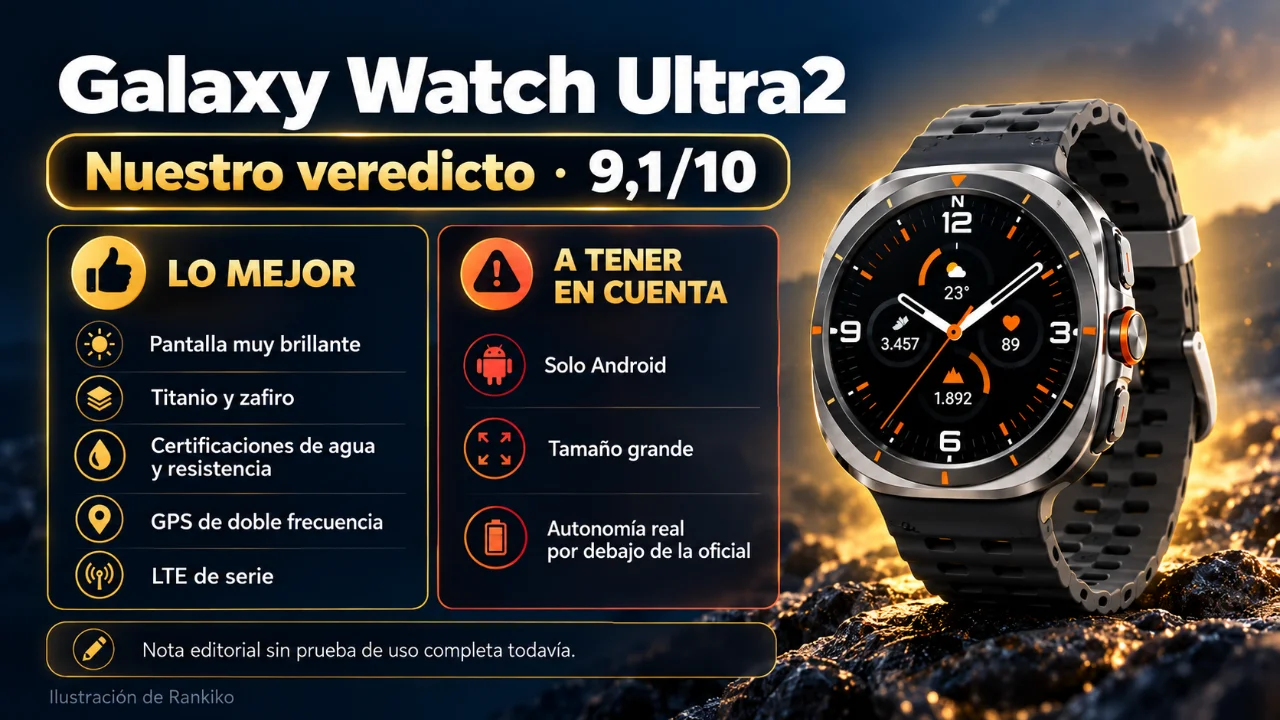 Resumen de Rankiko de los puntos fuertes y las limitaciones del Samsung Galaxy Watch Ultra2, con nota editorial 9,1/10