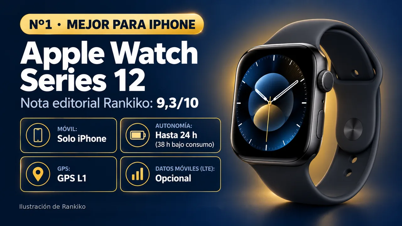 Infografía del Apple Watch Series 12: nº1, mejor para iphone; compatible con Solo iPhone; autonomía hasta 24 h (38 h bajo consumo); GPS gps l1; LTE opcional.
