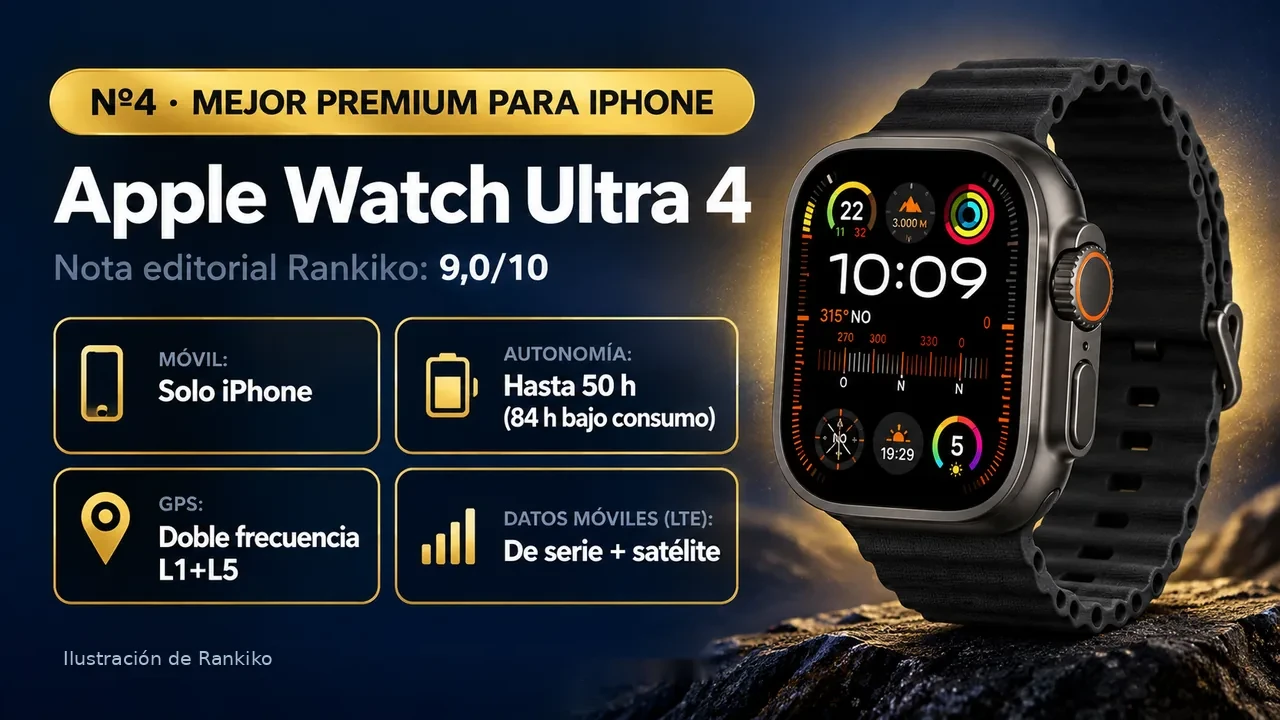 Infografía del Apple Watch Ultra 4: nº4, mejor premium para iphone; compatible con Solo iPhone; autonomía hasta 50 h (84 h bajo consumo); GPS doble frecuencia l1+l5; LTE de serie + satélite.