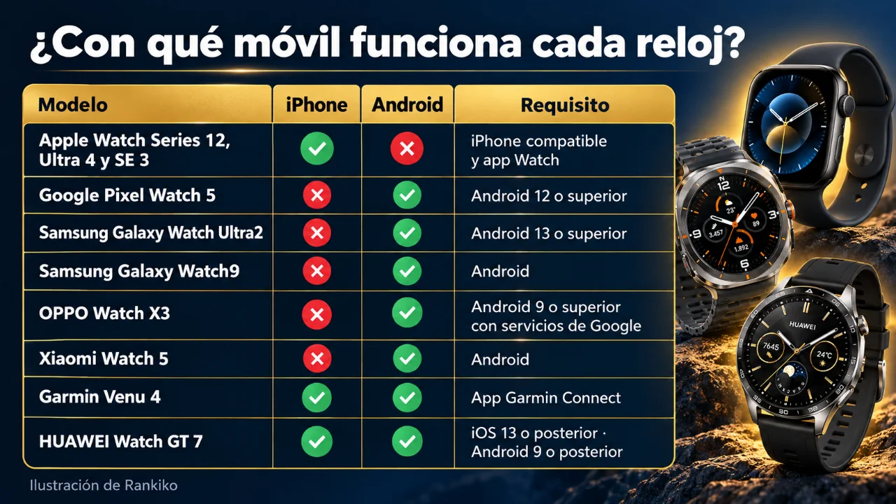 Tabla de Rankiko con la compatibilidad con iPhone y Android de los 10 smartwatch de la guía de 2026